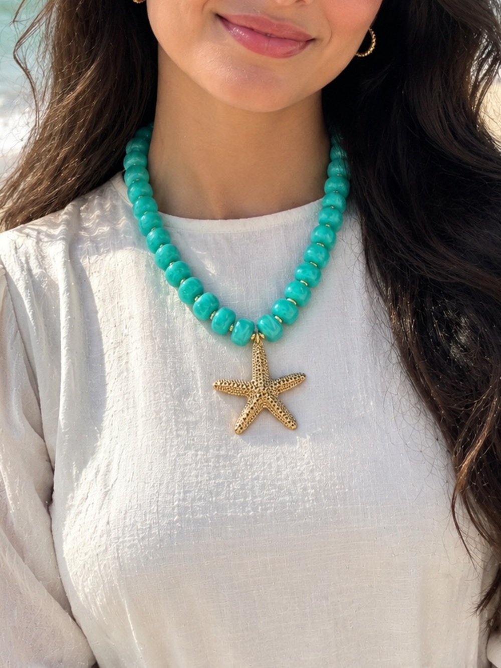 Turquoise Bead Necklace with Gold Starfish Pendant